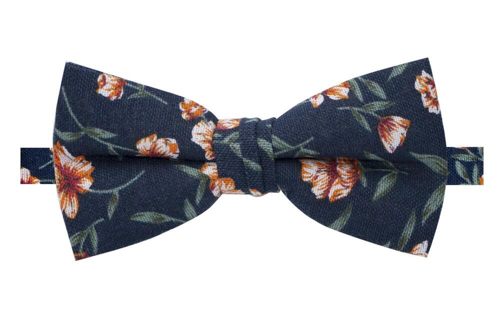 5562 Cotton Floral Print Bow Tie, 35-Navy/Orange